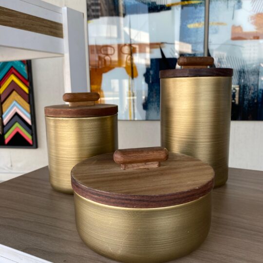 Kit Potiches Decorativos em Metal e Madeira