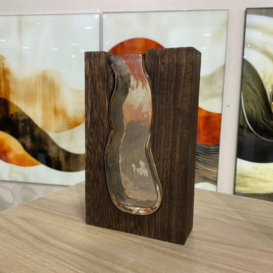 Vaso decorativo em vidro e madeira M